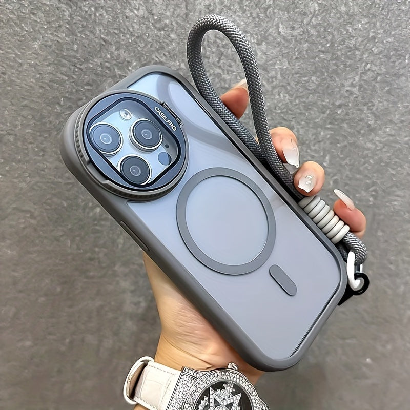 Shockproof Transparent Phone Case with Magnetic Folding Glass Frame and Lanyard for iPhone 16 15 14 Pro Max