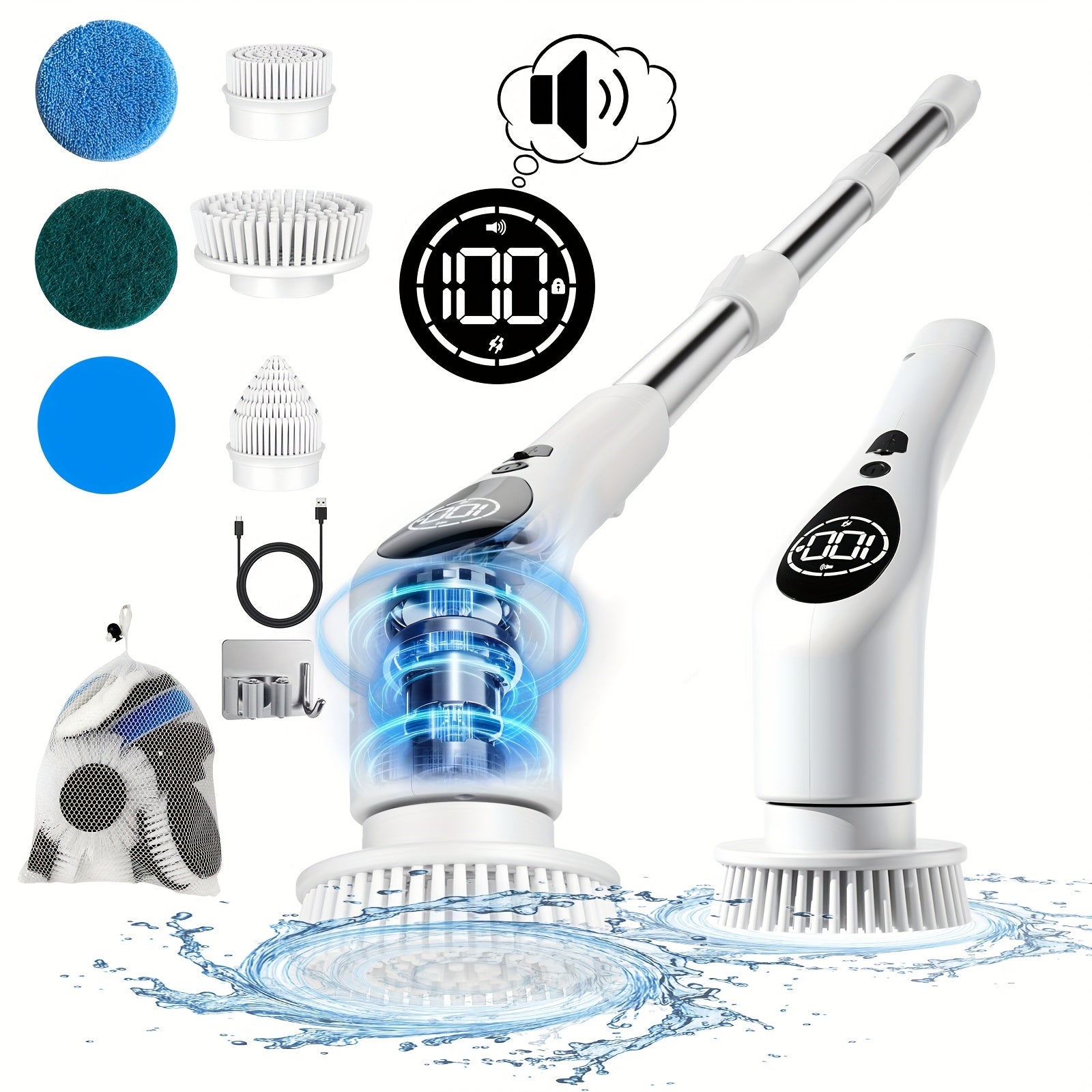 Electric Cleaning Brush with Long Handle 10-in-1 Accessories Adjustable Speed Voice Function