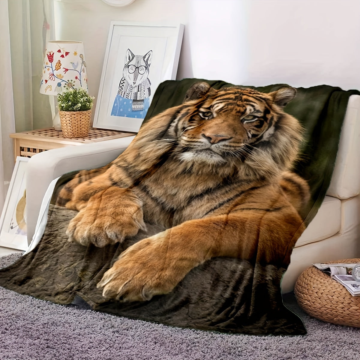 Tiger Print Flannel Throw Blanket Soft Versatile for Couch Bed Camping