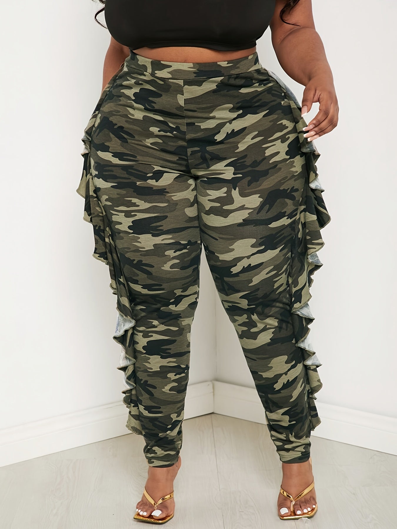 Leggings de camuflaje de talla grande para mujer de cintura alta, no transparente, pantalones cálidos