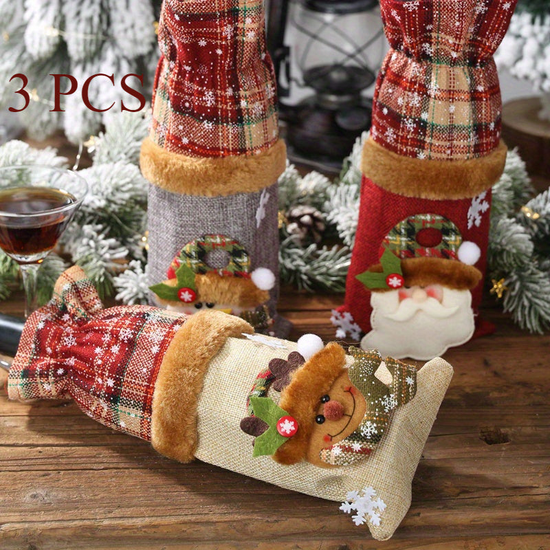 Set of 3 Christmas Wine Bottle Covers Plaid Linen Santa Reindeer Hand Washable Canvas Bags
