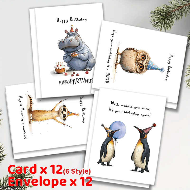 24 ta Hayvon Mavzusidagi Tug'ilgan Kun Kartochalari to'plami, Mos Kelayotgan Konvertlar bilan - Gippolar, Pingvinlar, Qushlar va Boshqalar - Rahmat xabarlari va Sovg'alar uchun Ideal