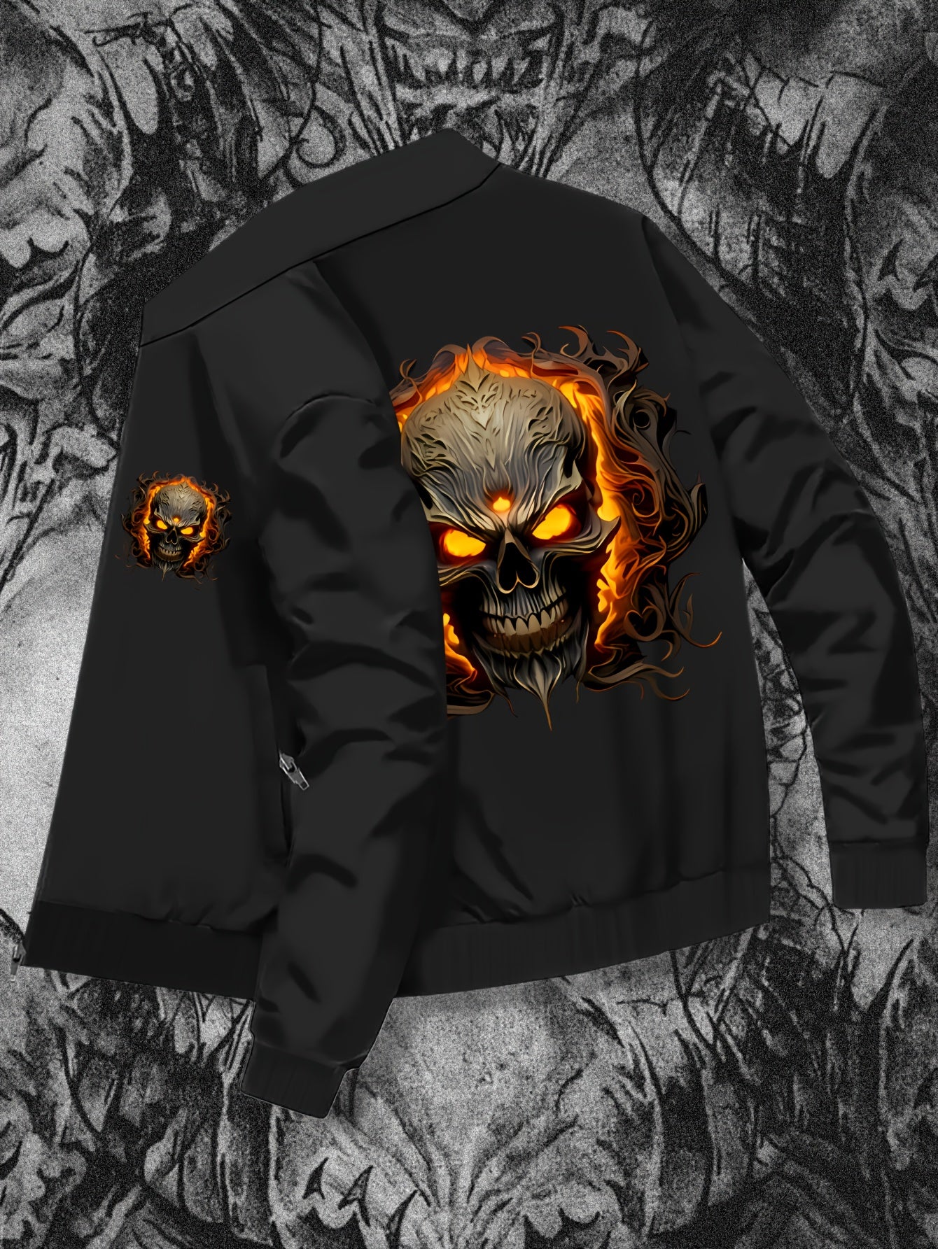 Plus Size Men's Graphic Print Band Collar Zipper Jacket for Spring and Fall