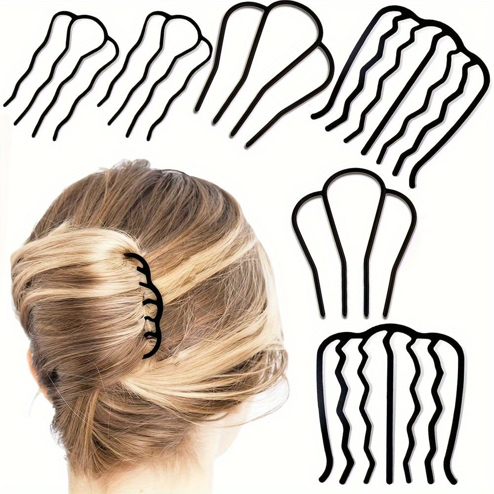 Women Plastic Hair Combs Set U Shape Hair Fork Clips for Updo Bun Black
