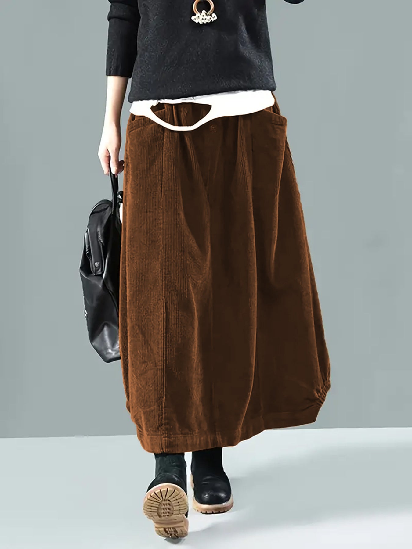 Plus Size Women’s Brown Maxi Skirt With Pockets Elastic Waist Casual