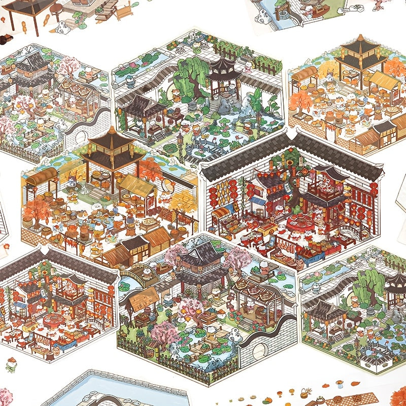 Waterproof PET Stickers Set of 8 Sheets Retro 3D Pop-Up New Year Decorations for Cups Notebooks Journals