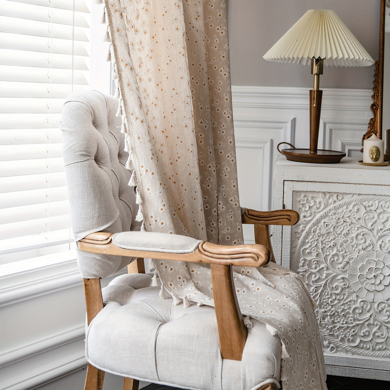 Printed Tassel Rod Pocket Curtains for Bedroom Living Room Kitchen Set of 2