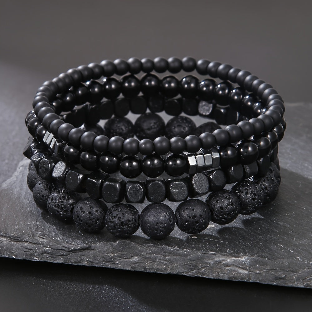 Set of Four Black Stone Volcanic Rock Wood Bead Bracelets for Men Fashion Accessory