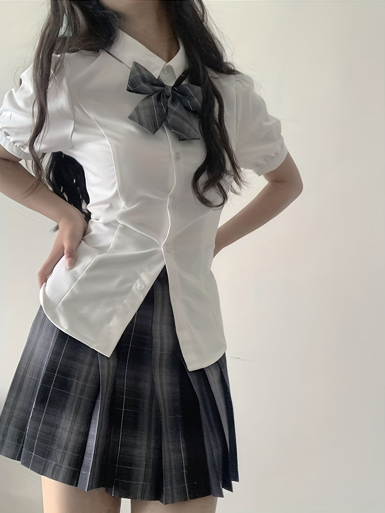 Solid Color Short Sleeve Button Front Blouse with Tie Back for Teen Summer