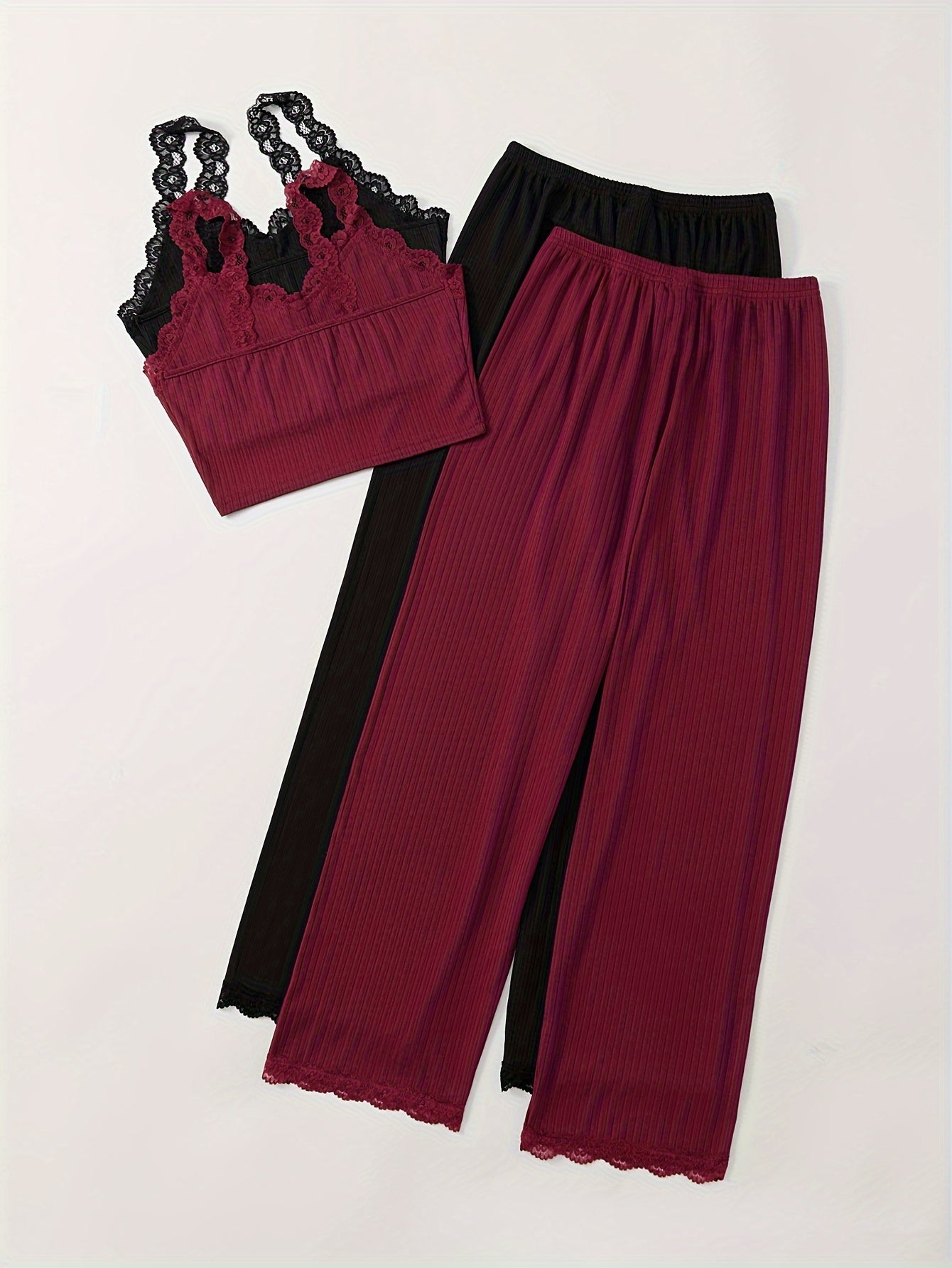 Women's Ribbed Pajama Set with Lace Detail V-Neck Cami Top and Long Pants Multiple Colors