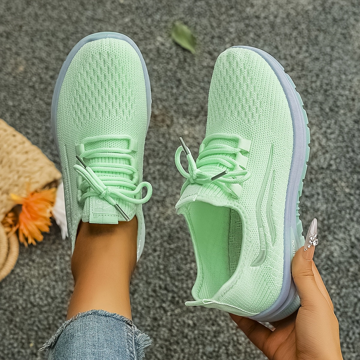 Women’s Light Blue Knit Sneakers with White Sole, Breathable Casual Shoes