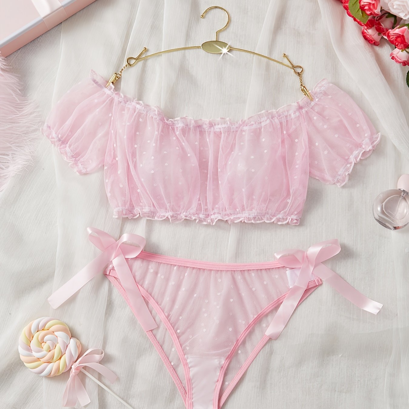 Sexy Mesh Lace One-Shoulder Lingerie Set for Women