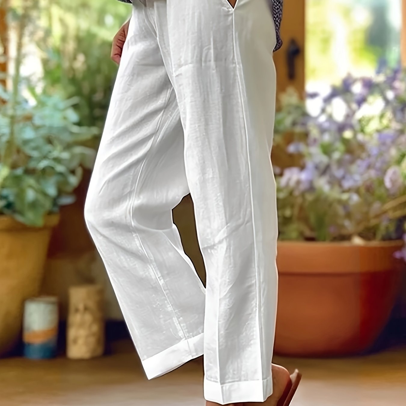 Plus Size Women's Elastic Waist Casual Pants with Pockets Solid Color
