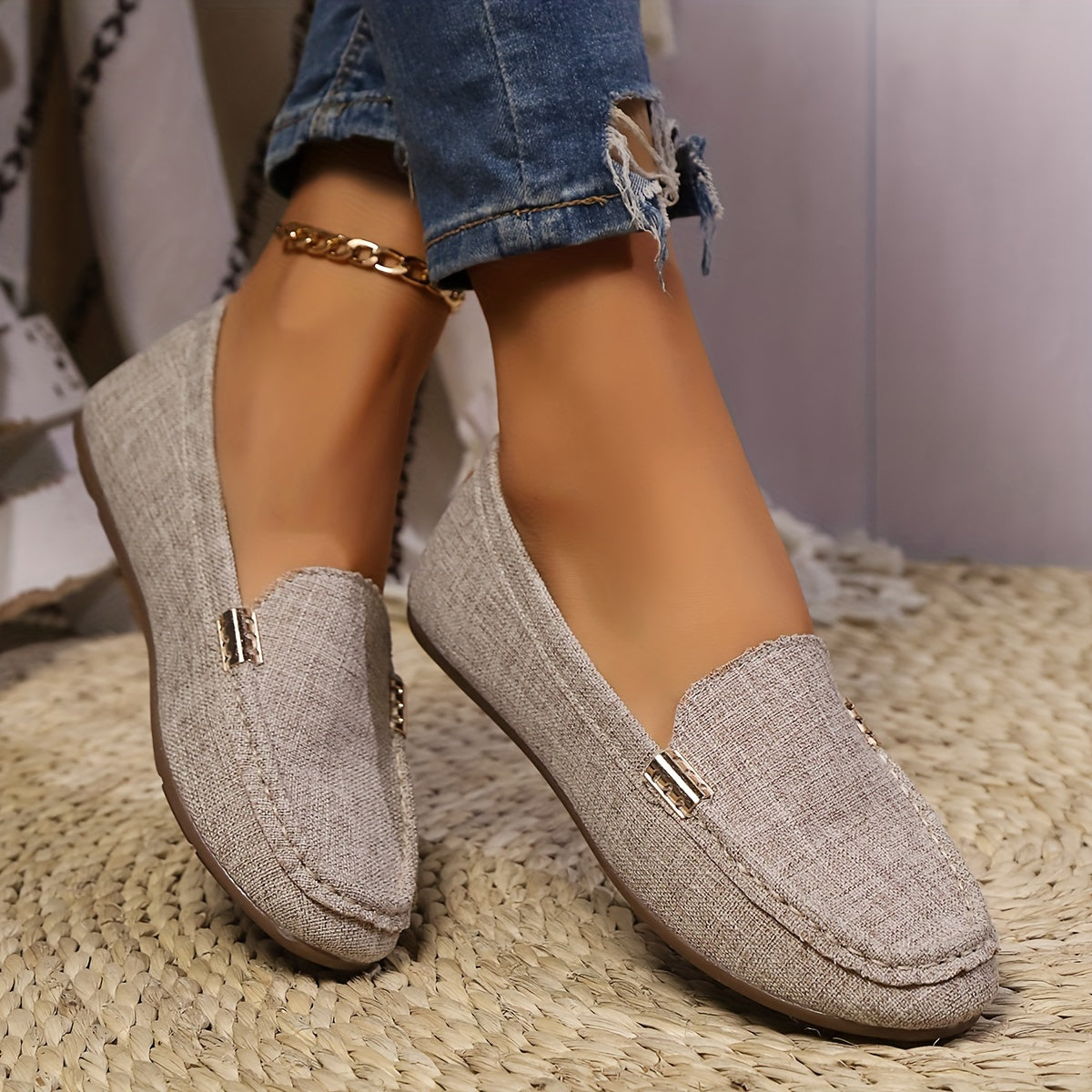 Women's Slip-On Flats Casual Striped Breathable Fabric Summer Shoes