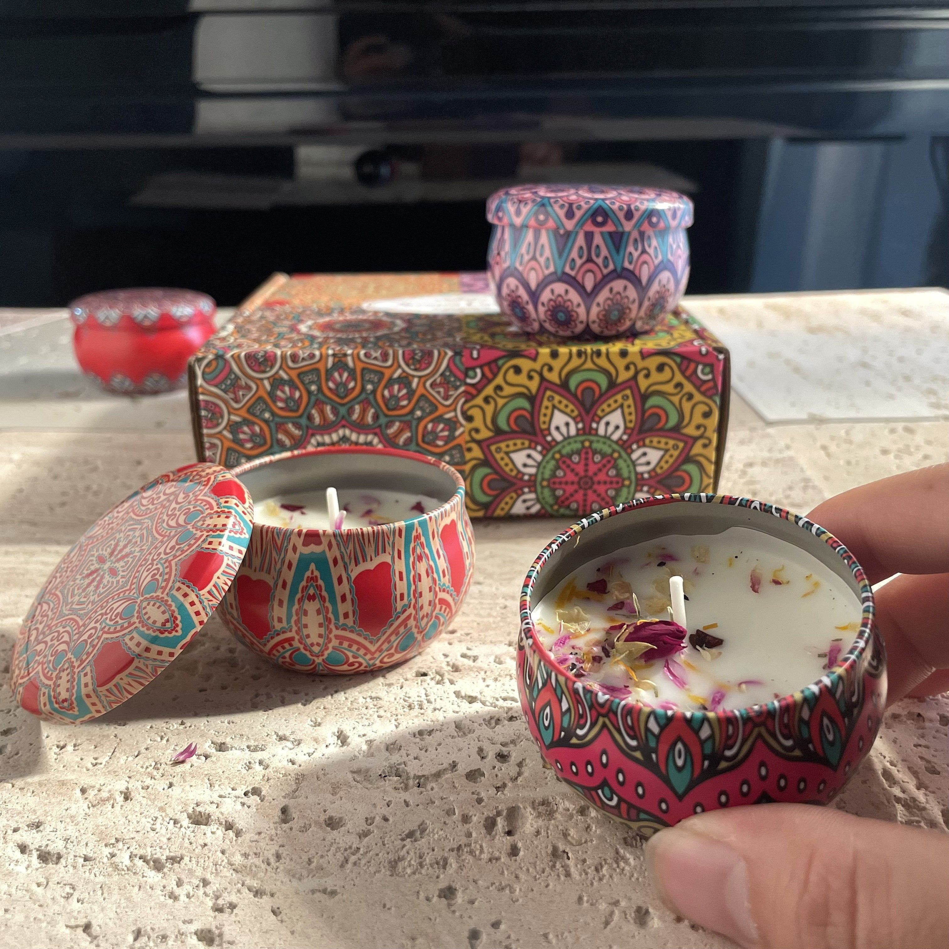 Set de regalo de vela aromática Mandala Bohemia con flores secas, aroma a especias, cera de soja