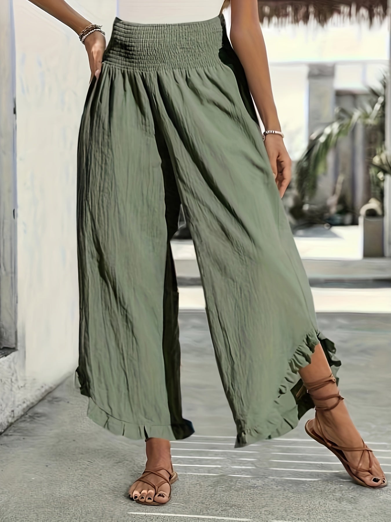 Women Plus Size High-Waist Palazzo Pants Ruffle Hem Side Slit Solid Color