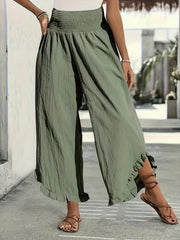 Women Plus Size High-Waist Palazzo Pants Ruffle Hem Side Slit Solid Color