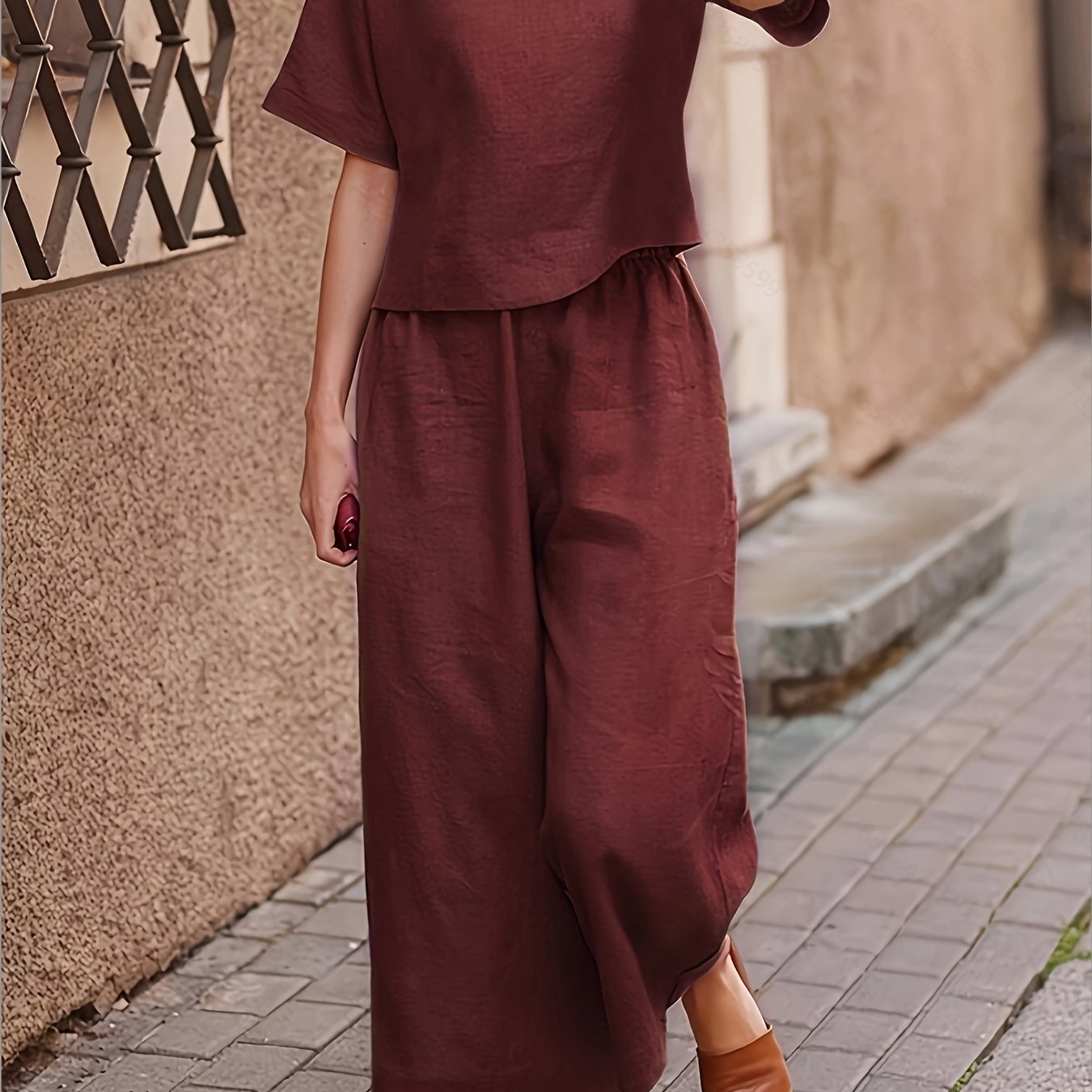 Women's Casual Solid Polyester Crew Neck T-Shirt and Wide Leg Pants Set