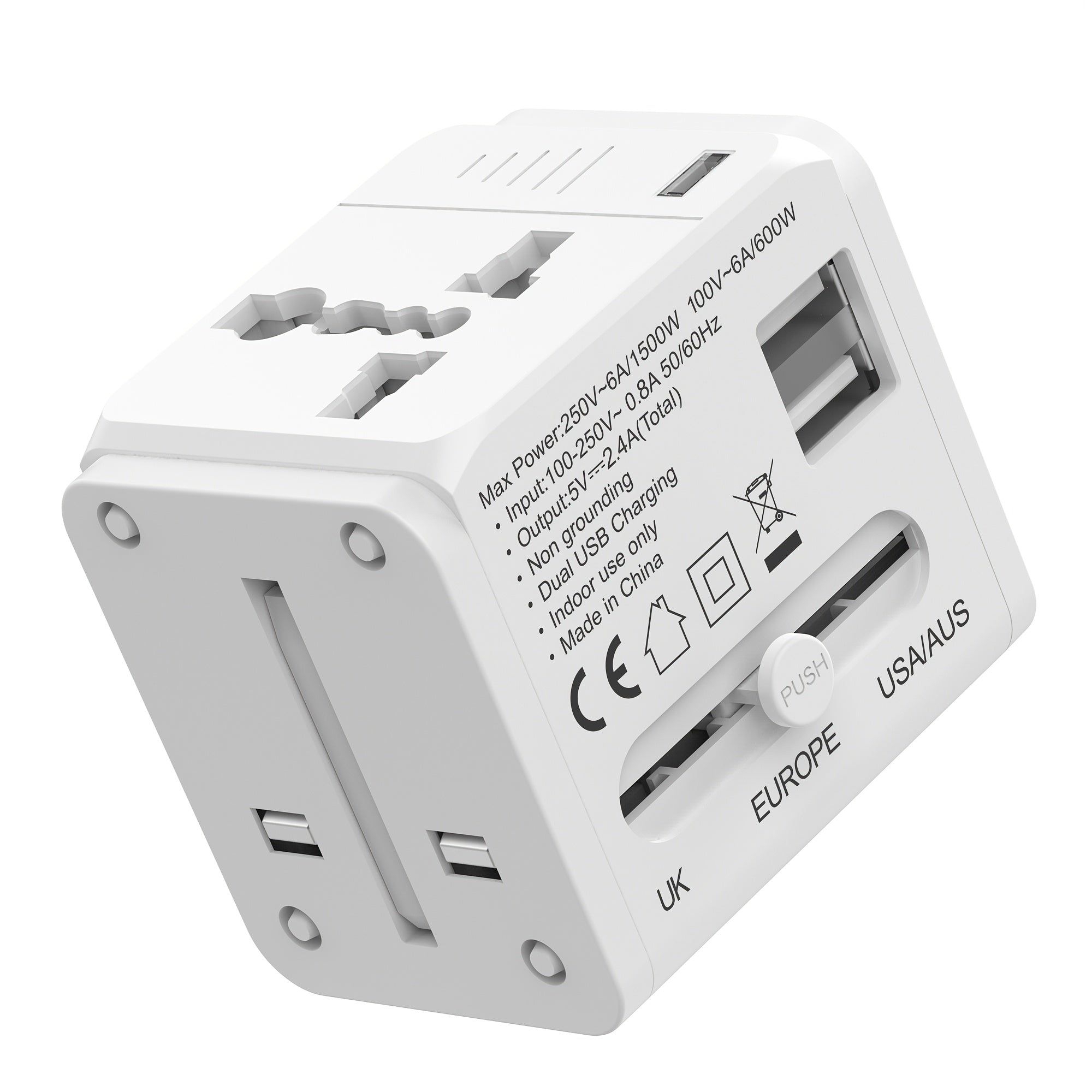 Adaptador de viaje con carga rápida, amplio rango de voltaje, múltiples tipos de enchufe, protección con fusible