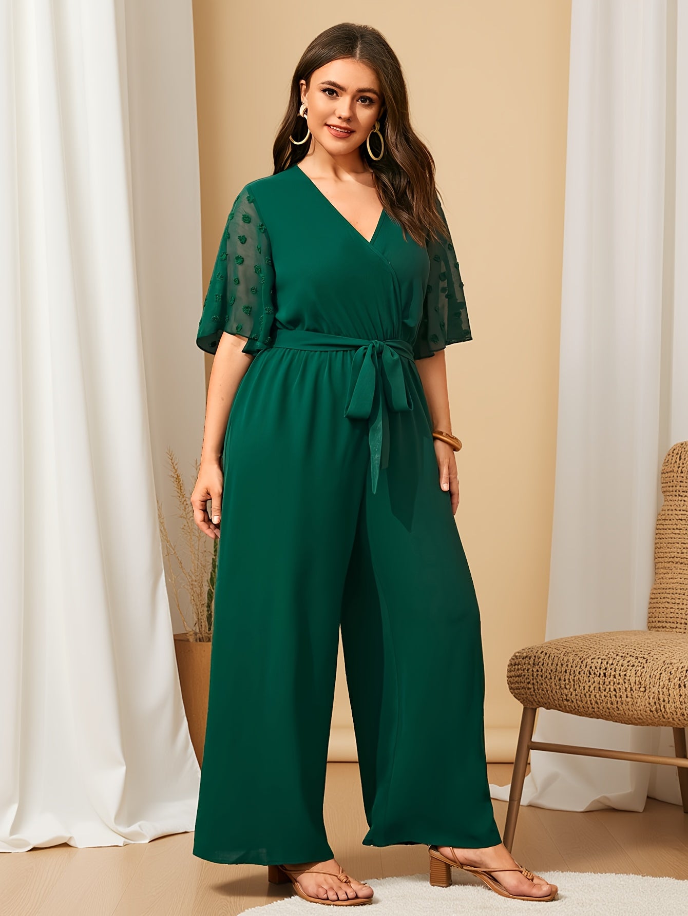 Plus Size Women's Breathable Cross Neck Jumpsuit Solid Color Summer Wide-Leg