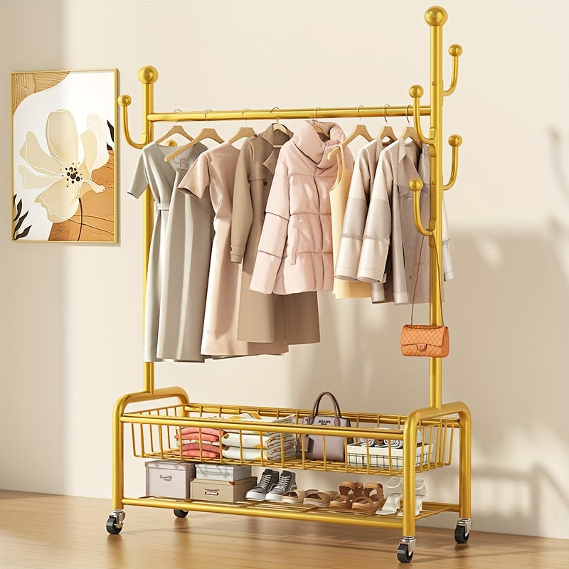 Multifunctional Rolling Coat Rack with 6 Hooks and Shelf Black Metal