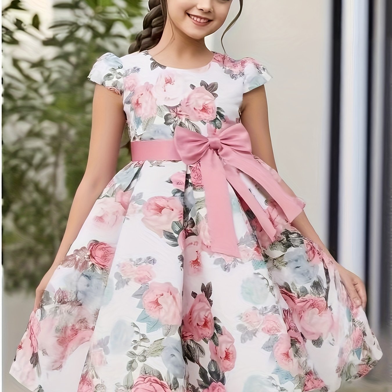 Girls Floral Print Midi Dress with Bowknot and Lace-up Details for Elegant Kids