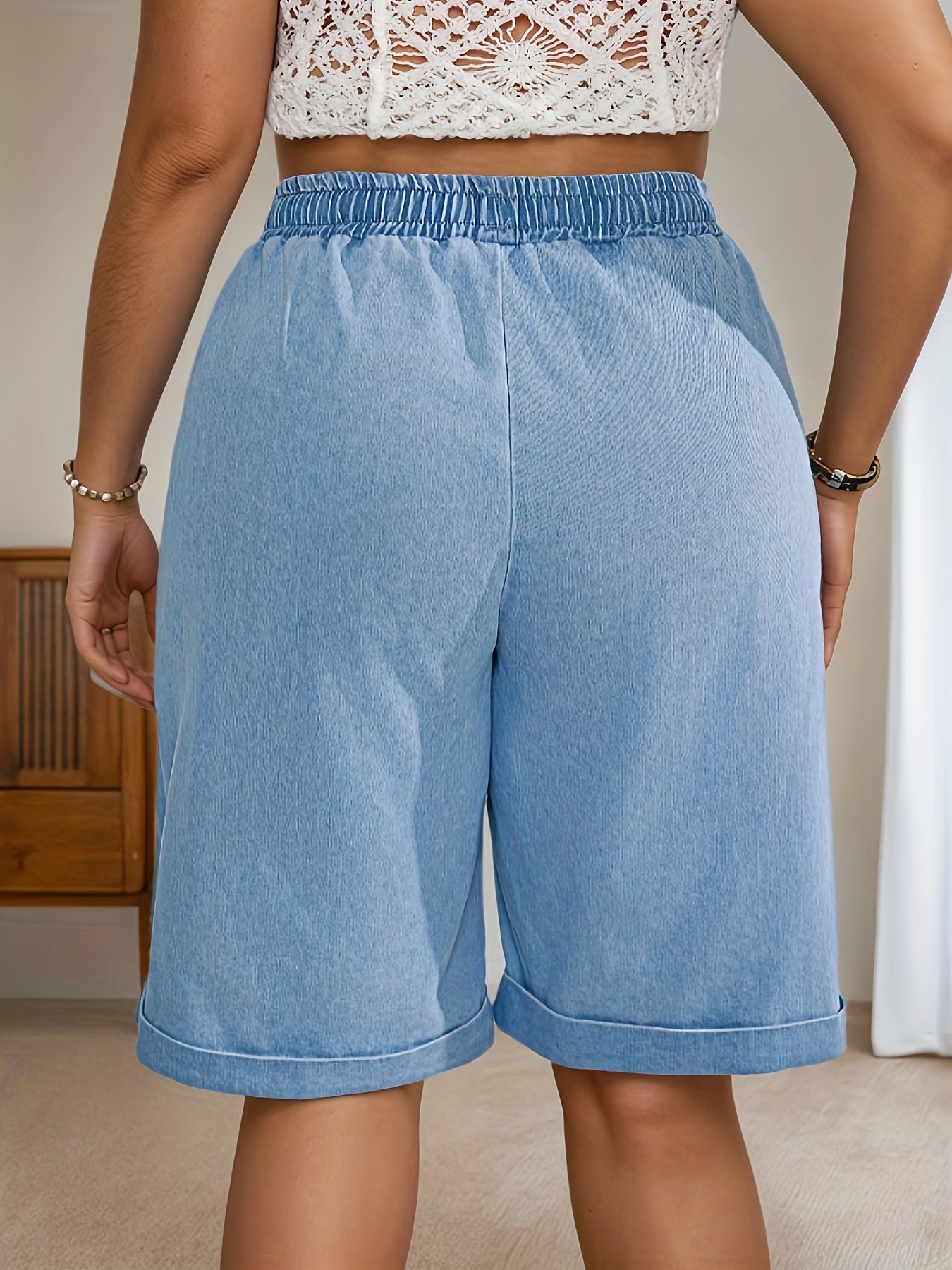 Plus Size Women's Denim Shorts Mid Length Elastic Waist Side Pockets