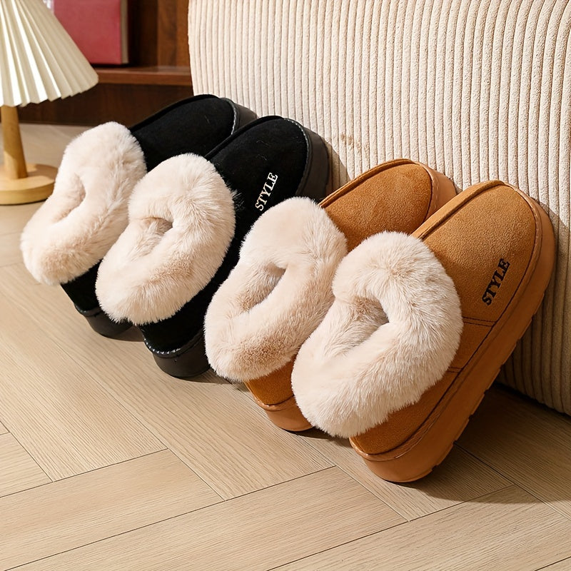 Men's Fleece-Lined Plush Slippers in Gray and Beige for Indoor Casual Wear