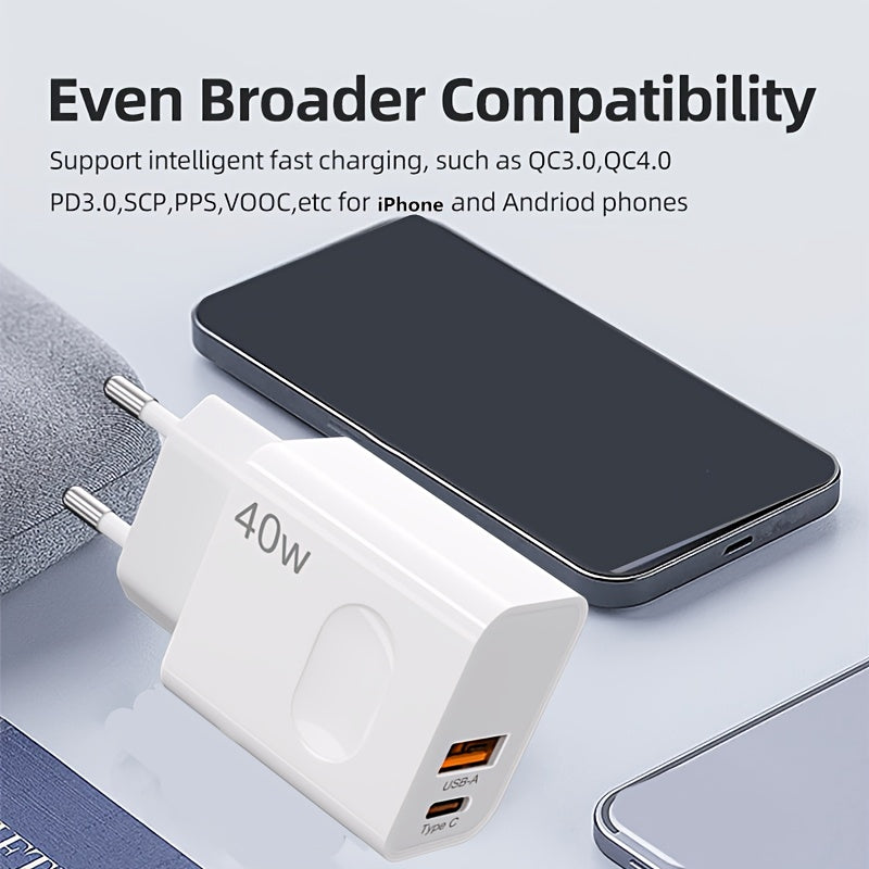 40W Dual Port USB Wall Charger with QC 3.0 European Plug Fast Charging for iPhone Samsung Xiaomi Oppo Vivo