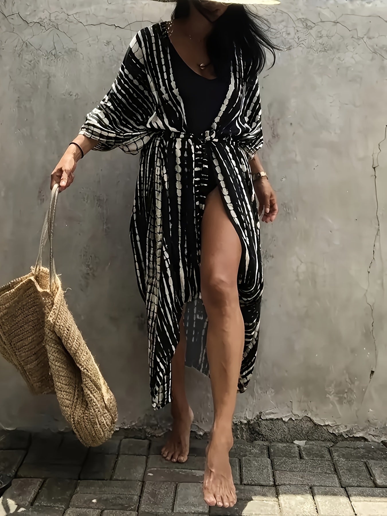 Kimono de talla grande estilo boho para mujer con cinturón de rayas para verano, ropa de playa y trajes de baño