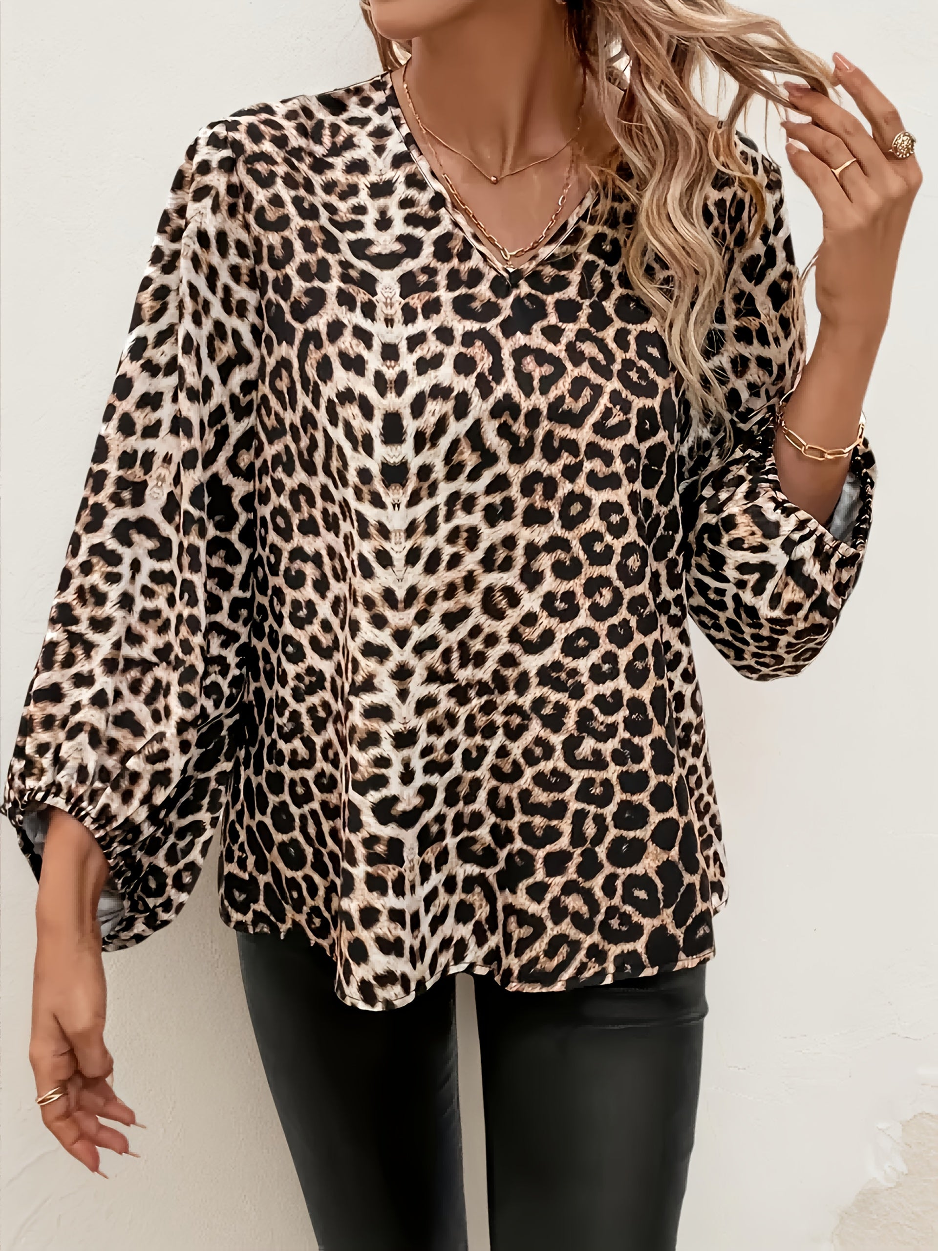 Women Leopard Print V-Neck Blouse with Lantern Sleeves and Cinched Waist