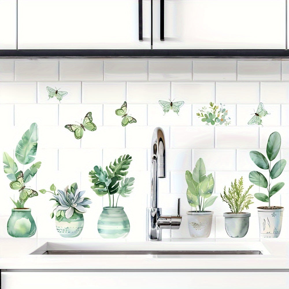 Fresh Green Potted Plant Decal for Glass Doors Windows Home Decor