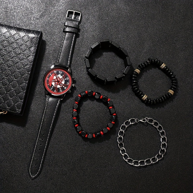 Men's Red Black Quartz Leather Watch and Bead Bracelet Set Gift for Him