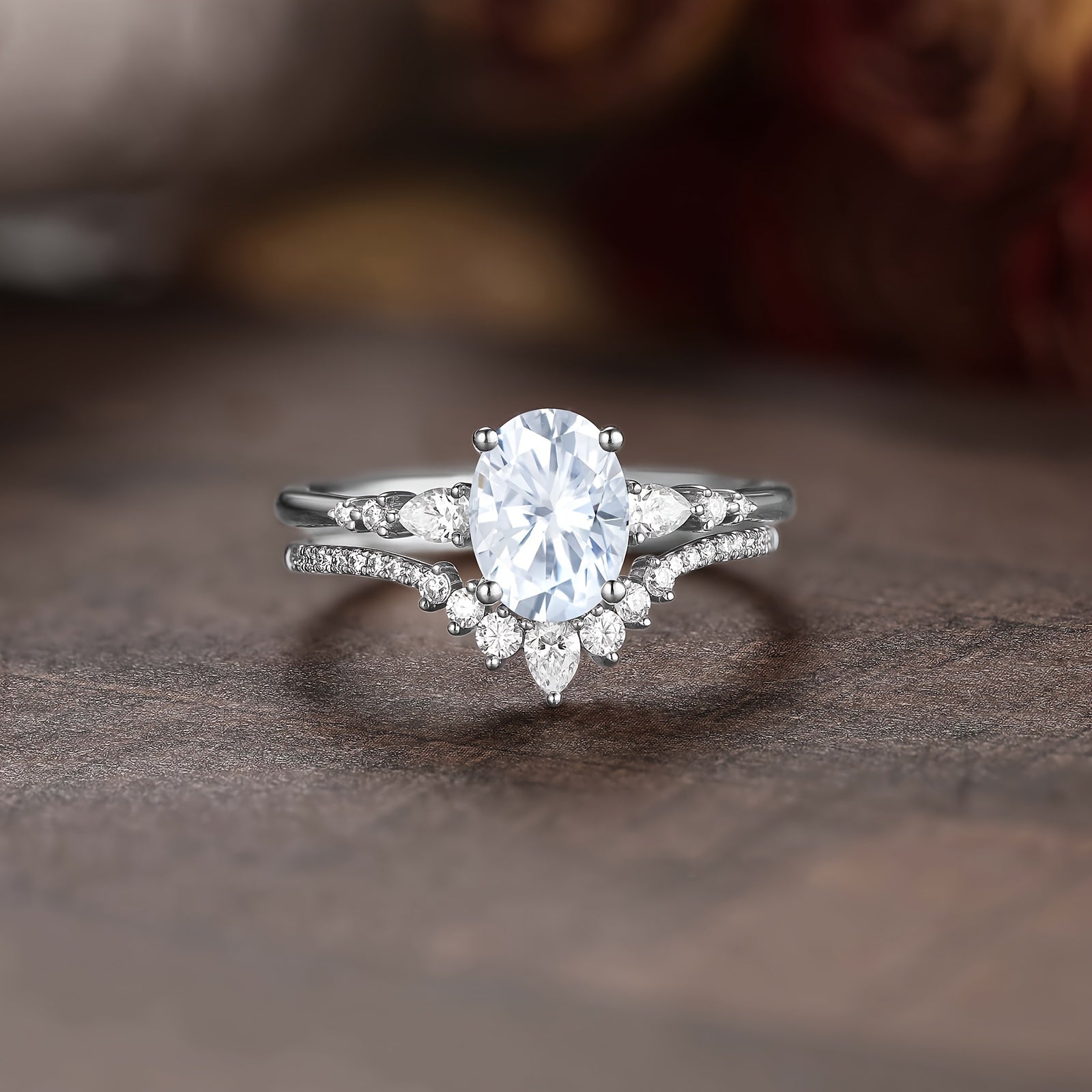 Elegant Egg-Shaped Engagement Rings for Women with Oval Cubic Zirconia Center and Teardrop Accents