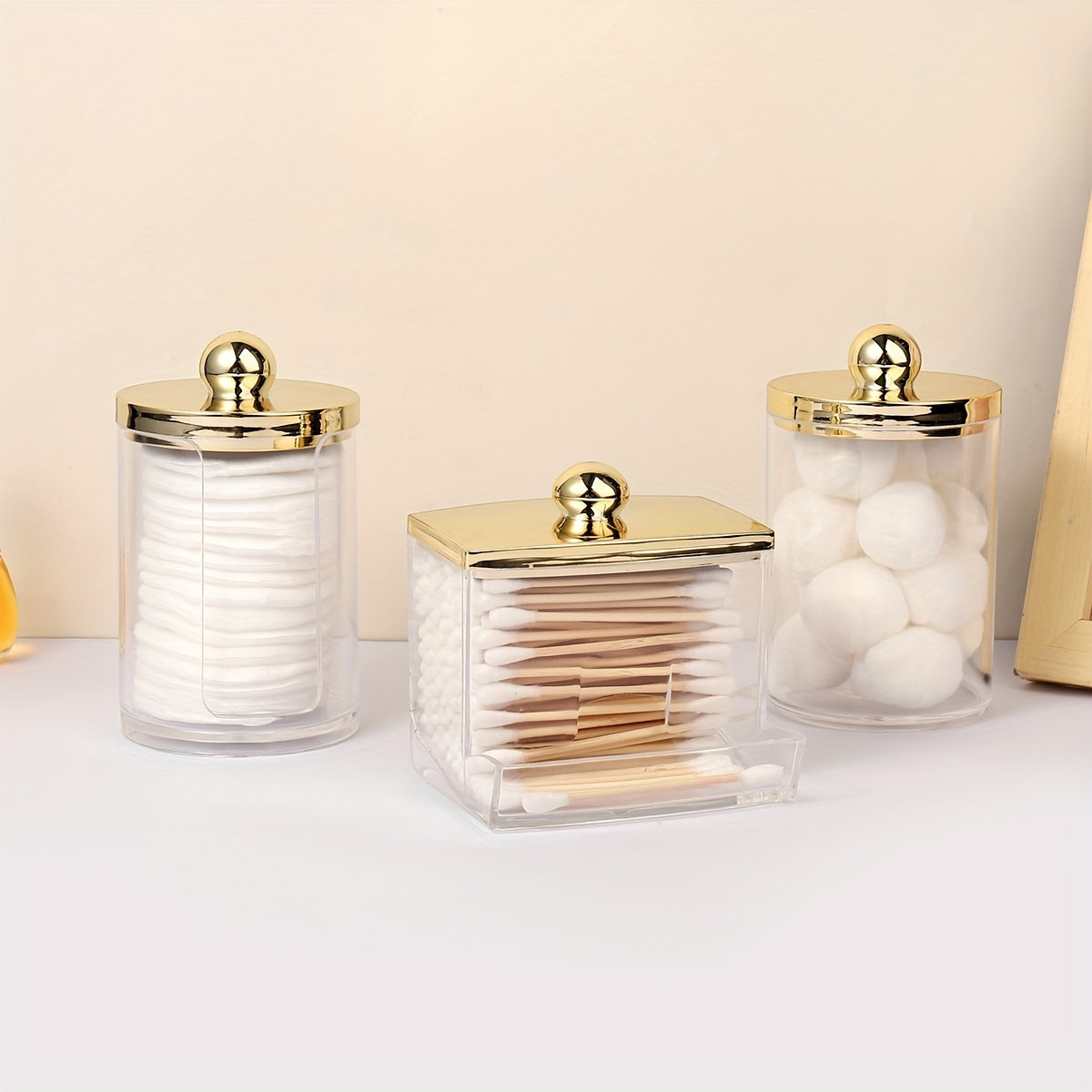 Hojatxona uchun saqlash tashkilotchisi to'plami, 1/3 Qtips konteyneri va oltin qopqog'li 10 oz Ball tutqichli