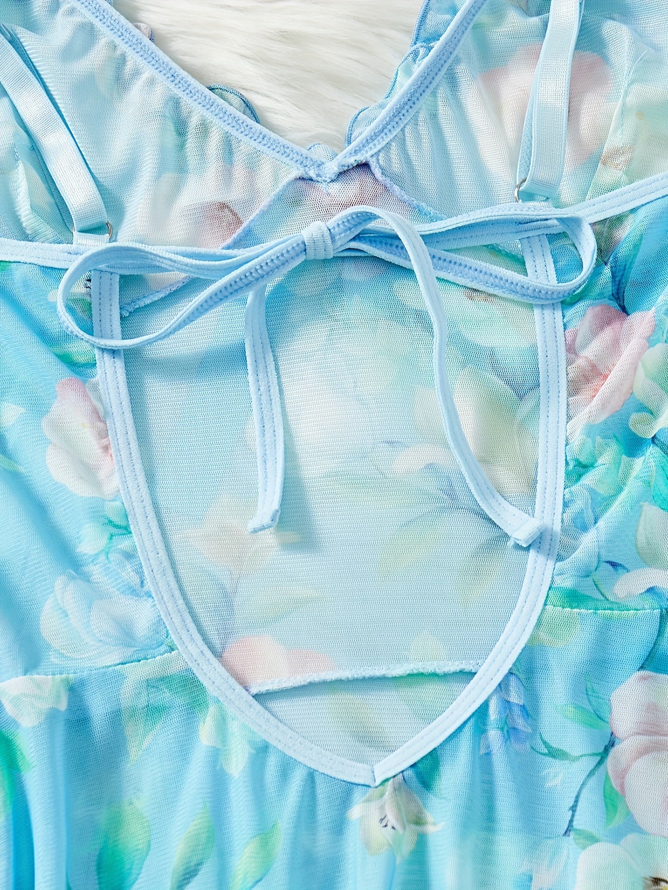 Women's Floral Print Sleepwear Set with Ruffle Hem and Adjustable Straps Includes Nightdress and Thong