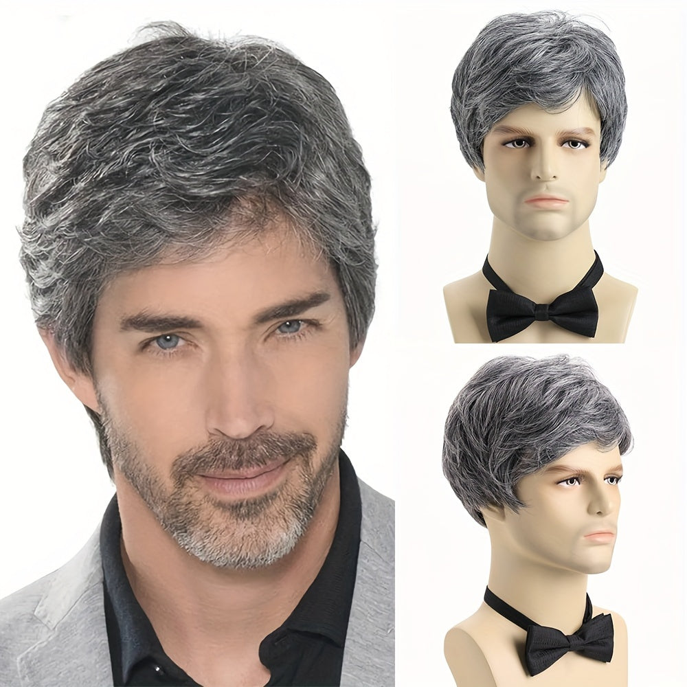 Men's Short Wavy Gray Wig with Side Bangs, 25.4cm Synthetic Fiber for Daily Wear and Parties