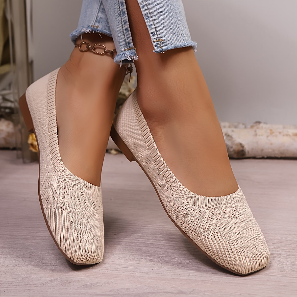 Women's Slip-On Square Toe Flats - Soft Fabric Upper Beige All-Season