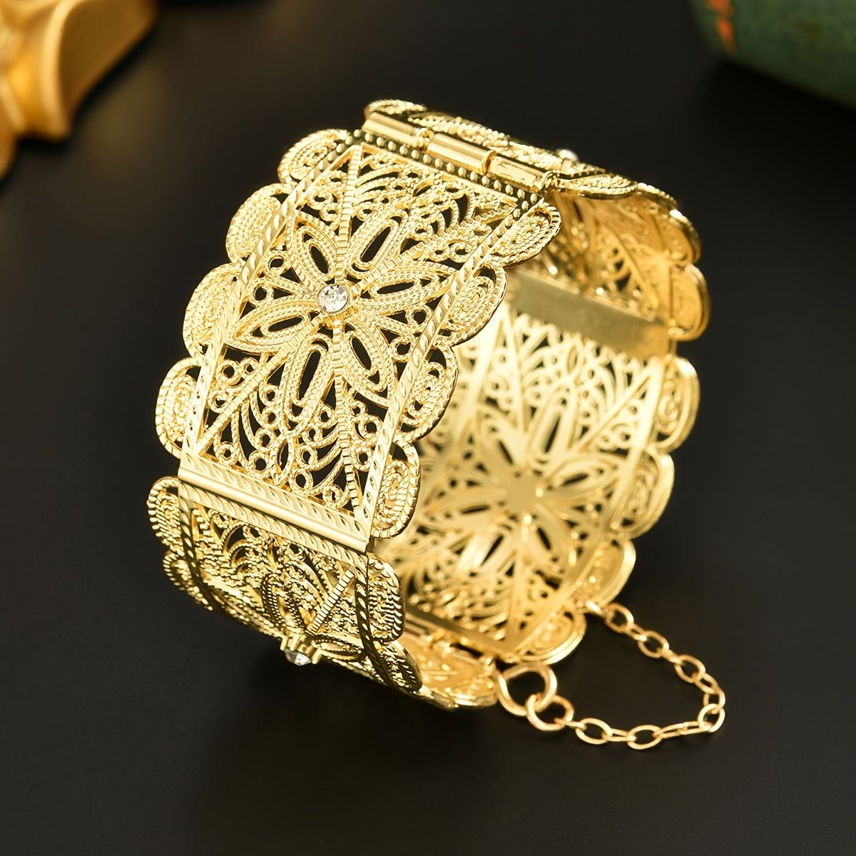 Gold-Tone Bridal Bangle with Floral Engraving Wide Design for Weddings and Special Occasions