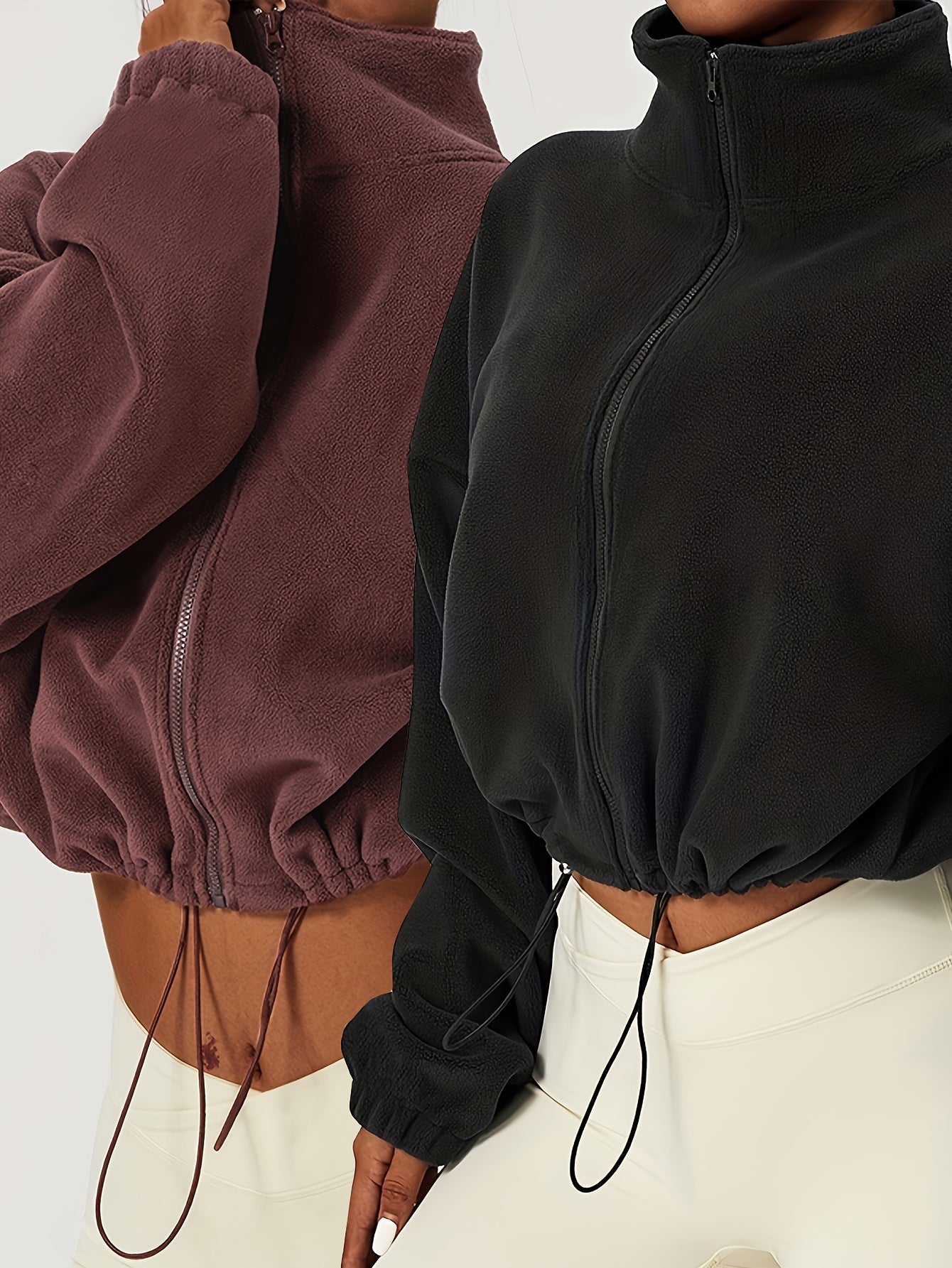 Women’s Plus Size Fleece Jackets, Solid Color Knit Polyester, Long Sleeve Warm Coat, 2-Pack