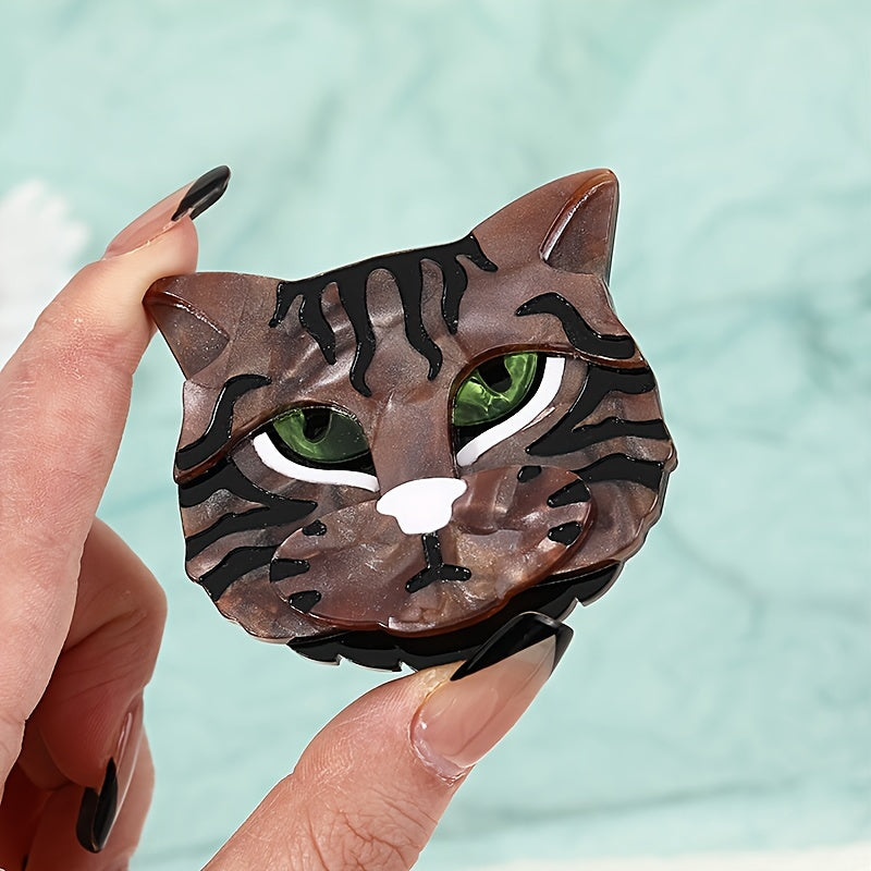 Acrylic Cat Brooch White Gray Blue Floral Design Handmade Jewelry for Women