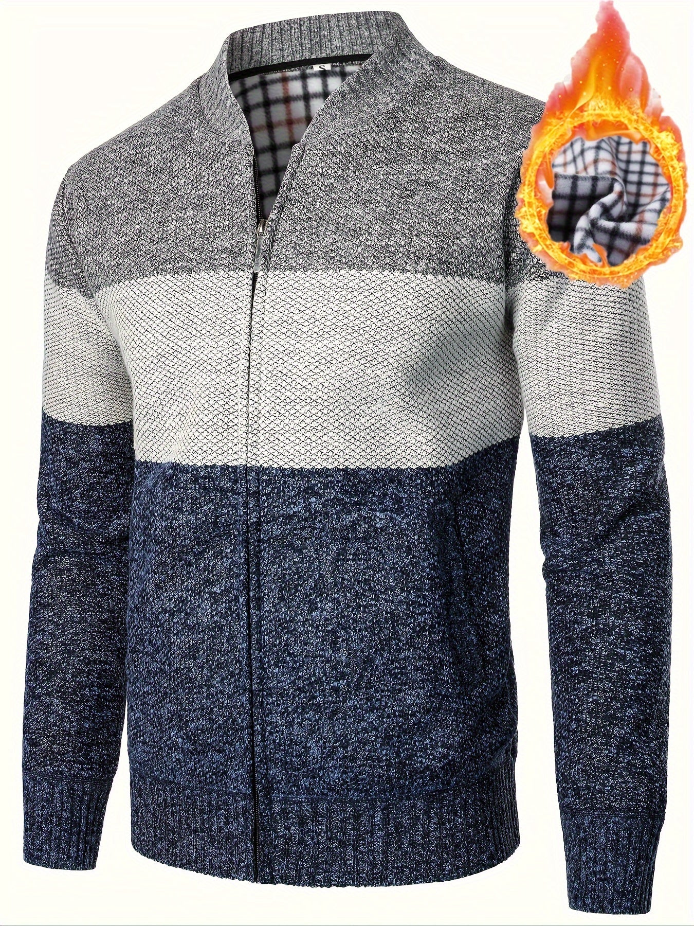 Men's High Neck Fleece Jacket with Color Block Knit Zip-Up Outerwear for Fall Winter