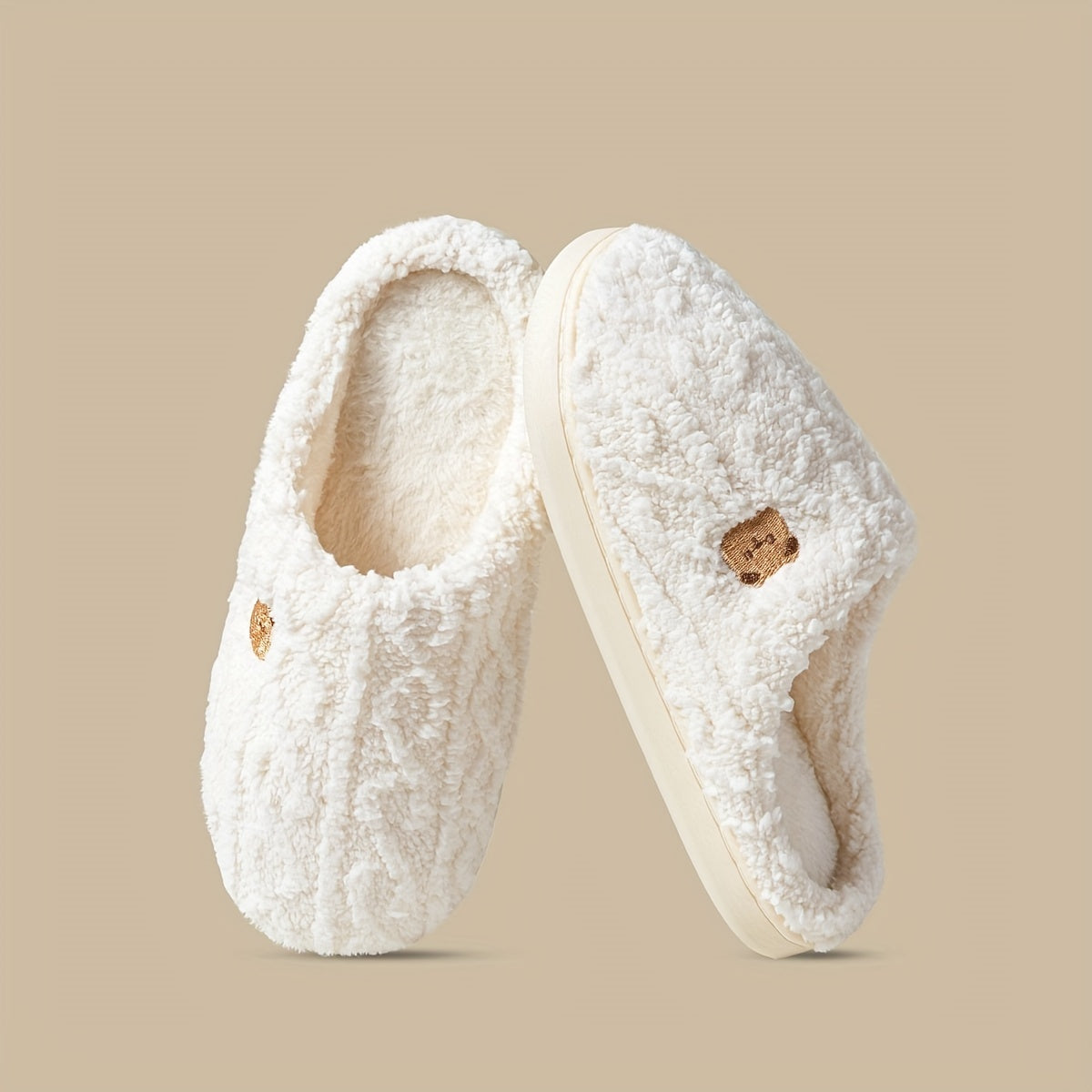 Women’s Slippers Soft Fabric Warm Winter Slip-Ons with Bear Print