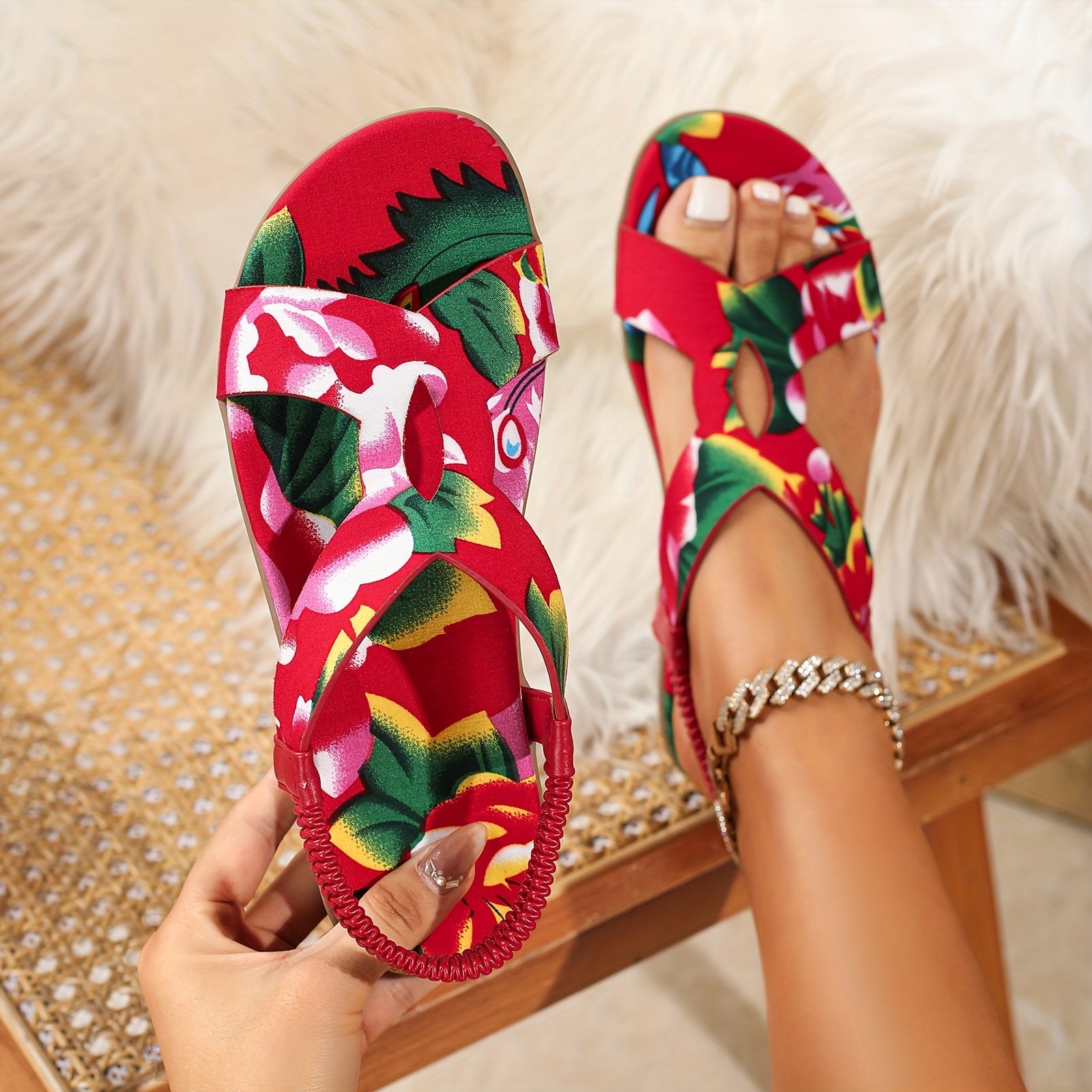 Women's Floral Open-Toe Flat Sandals Slip-On Comfortable Vacation Footwear