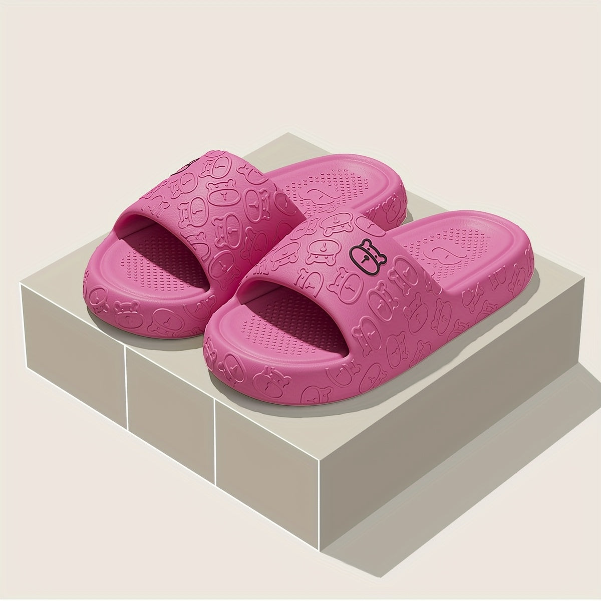 Unisex Cartoon Bear Print Slip-On Indoor Outdoor House Shoes Black Pink Size 48 49