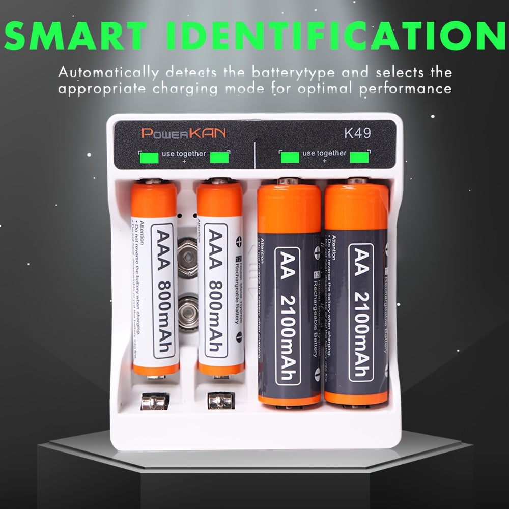 Powerkan ikki maqsadli mini zaryadlovchi 2/4 AA/AAA Ni-Mh batareyalarni va 1/2 9V Ni-Mh batareyalarni yoki 8.4V qayta zaryadlanadigan litiy batareyalarni zaryadlash imkonini beradi.