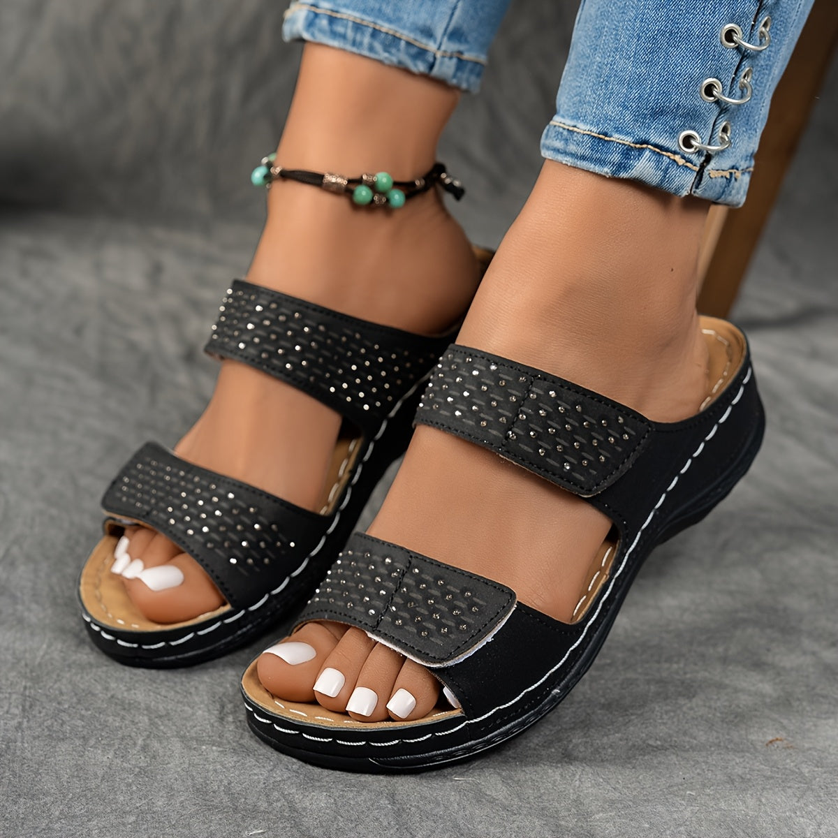 Women Summer Solid Color Wedge Sandals Open-Toe Platform Rhinestone