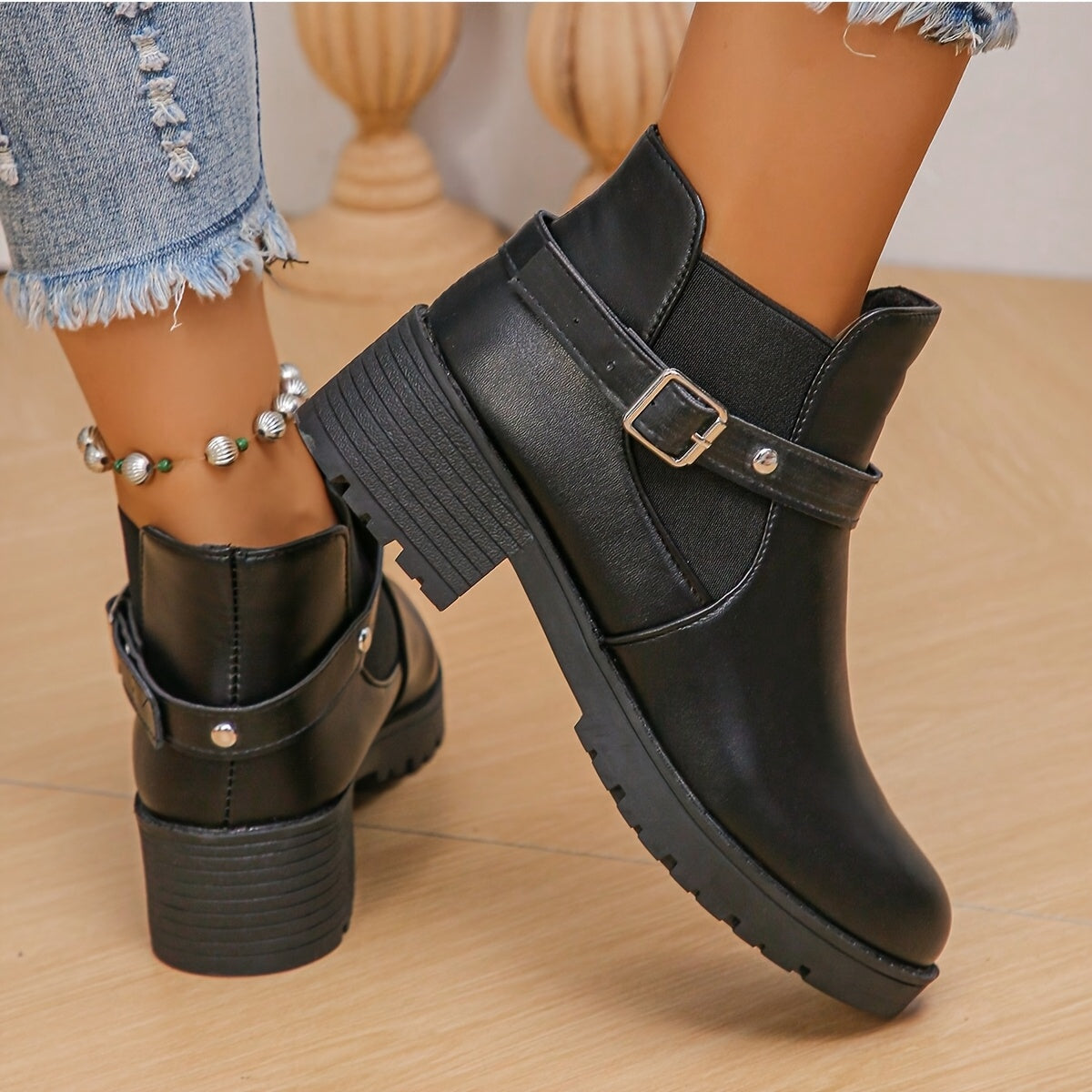 Women's Black Faux Leather Ankle Boots With Chunky Heel