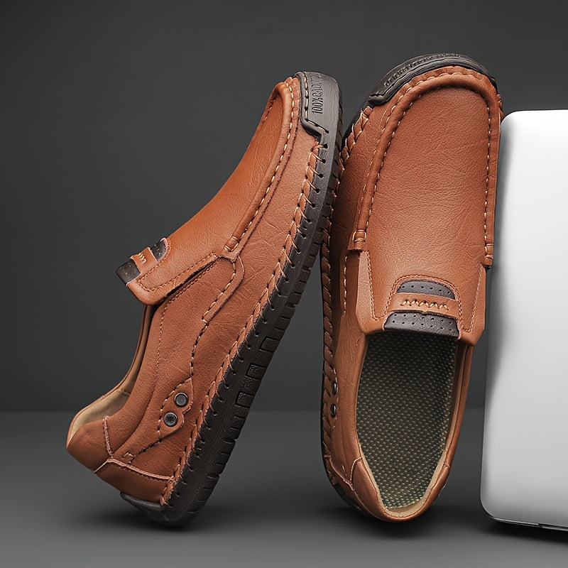 Men's Brown Slip-On Loafers with Stitched Detailing, Rubber Sole, Casual Dress Shoes