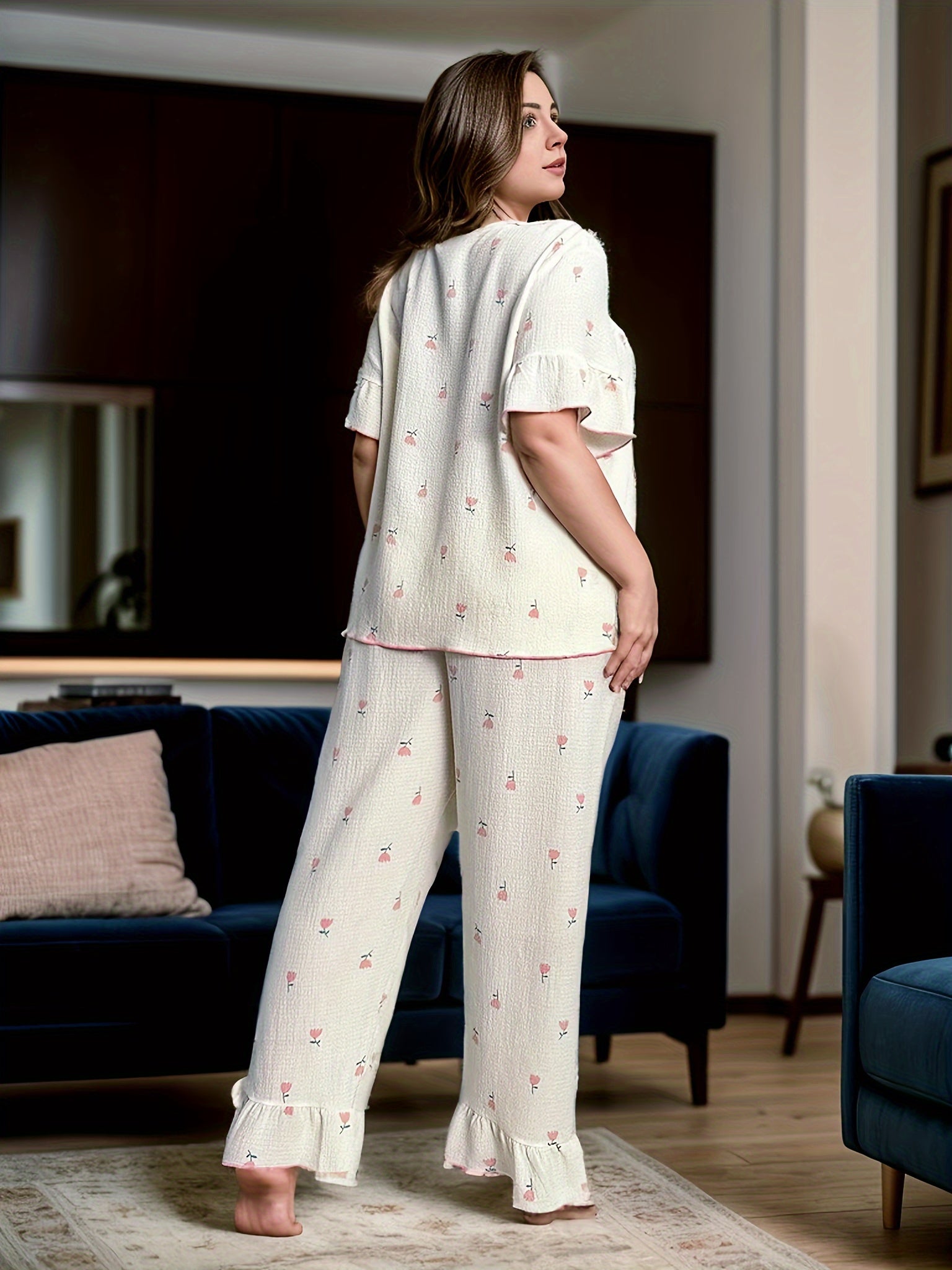 Women's Floral Printed Pajama Set Large Size with Long Pants and Short Sleeves